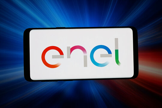 Stuttgart, Germany - 06-05-2026: In this photo illustration, the logo of Italian electric utility company Enel S.p.A. is displayed on a smartphone in front of abstract background on computer screen.