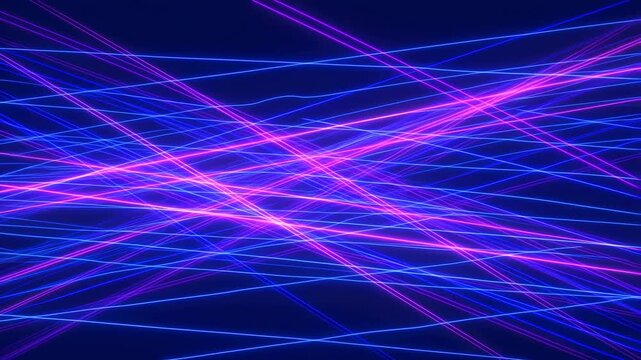 Panning tracking shot of neon light trails streaking and intersecting across dark abstract digital studio background with blue and pink glowing lines