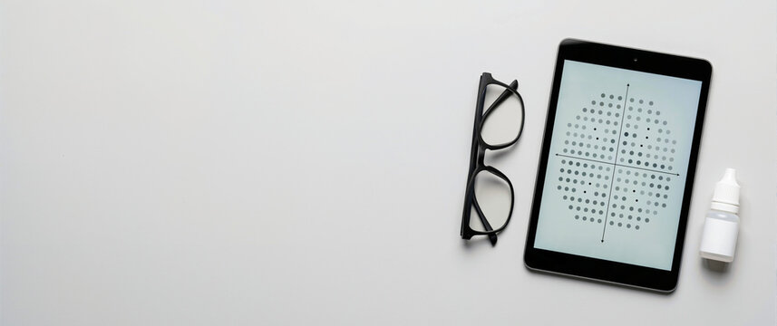 Flat lay of tablet with Amsler grid test, eyeglasses and eye drops. Vision care and ophthalmology concept. Copy space for text