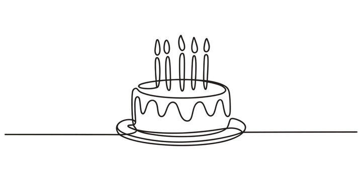 Continuous line drawing of a birthday cake with lit candles on a plate
