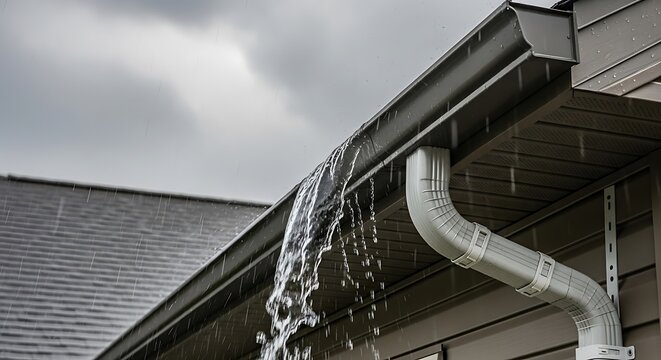Heavy rain pouring from a residential house roof gutter system during a dark stormy day with water overflowing from the metal drainage pipe