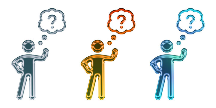 Three colorful stick figures thinking with question marks isolated on transparent background