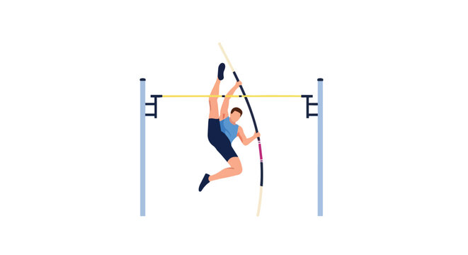 Male athlete performing pole vault jump over crossbar during sports competition illustration