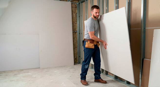 Builder carrying a large drywall sheet in a room under construction. Manual labor and home renovation project. Construction worker with tool belt