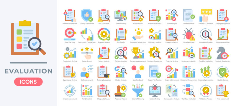 Business Evaluation Icon Set, Performance Review and Quality Assessment Flat Corporate Elements Vector. Simple flat color vector.