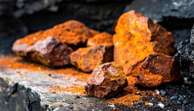 Rough, rusty lumps of natural iron ore hematite displaying rich earthy textures on a weathered surface