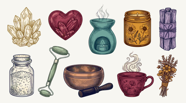 Collection of bohemian wellness and self-care items for spa meditation and relaxation aesthetics