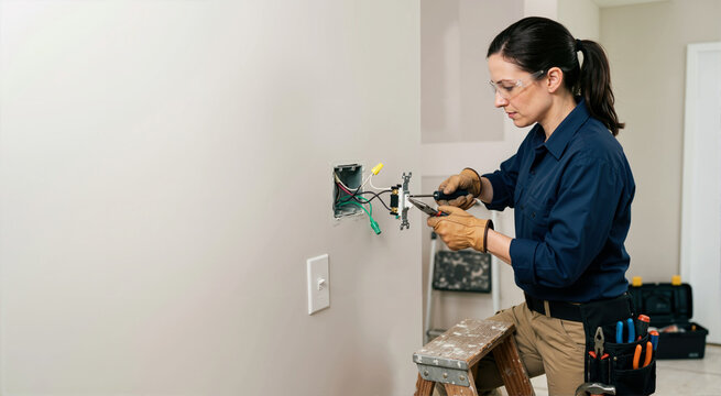 Female electrician wiring light switch with pliers and screwdriver. Professional woman repairing electrical outlet in home. Copy space for text