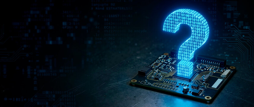Glowing blue binary code question mark over a computer microchip. Digital technology problem solving concept. Copy space