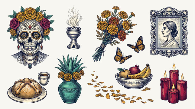 Vibrant and Ornate Cultural Celebratory Motifs: Day of the Dead Elements and Traditional Symbols