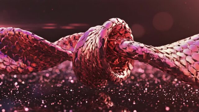 Dynamic abstract animation featuring a twisting form with metallic rose gold scales and shimmering particles.