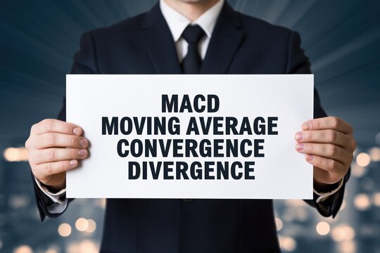 Corporate man showing macd moving average convergence divergence sign