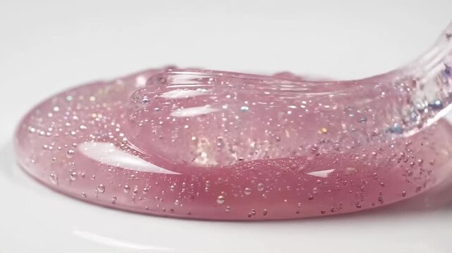 Macro shot of pink elastic gel stretching and folding. Viscous liquid with glitter and bubbles. Premium cosmetic research and skincare formulation texture