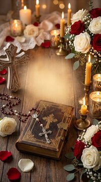 Religious bible with cross and candles
