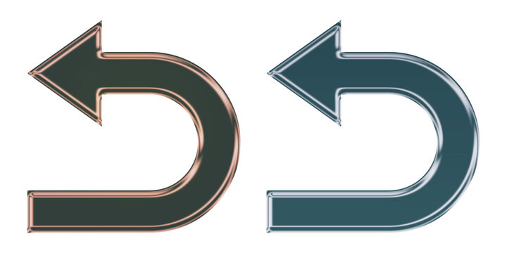 Set of two glossy metallic 3d arrow icons for undo or back action isolated on transparent background