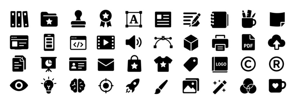 Set of office and multimedia icons including folders, stamps, awards, writing tools, media files, cloud upload, copyright, brain, light bulb, rocket and mug on transparent background