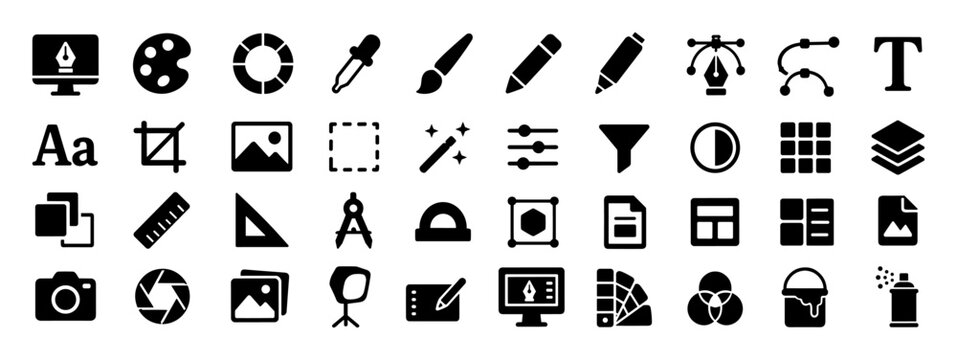 Black creative and design tools icons collection including pen, palette, crop, eyedropper, paintbrush, pencil, text, filter, camera, ruler, compass on transparent background