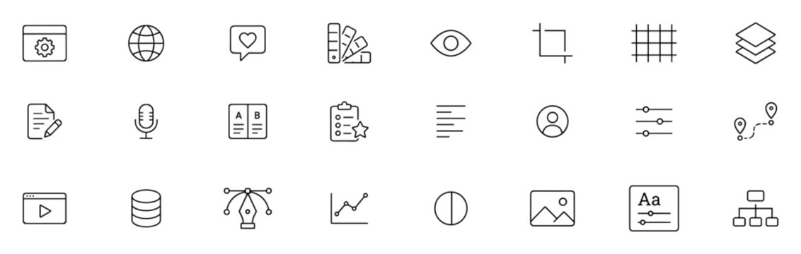 Set of minimalistic thin line icons for settings, web, design, media, data, user interface and navigation elements in vector format on transparent background
