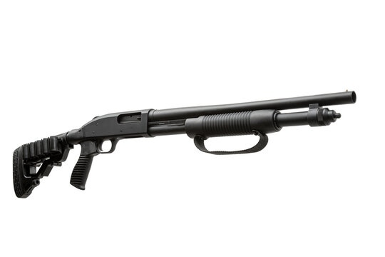Tactical black pump-action shotgun with a forearm strap isolated on a white back