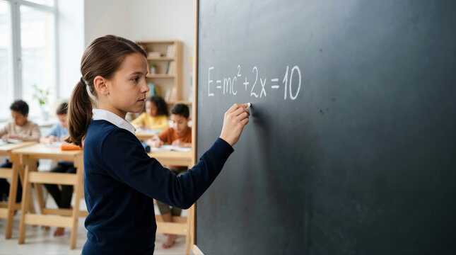 Young female student writing a math equation on a blackboard with chalk. Focused girl solving a problem in a classroom with classmates