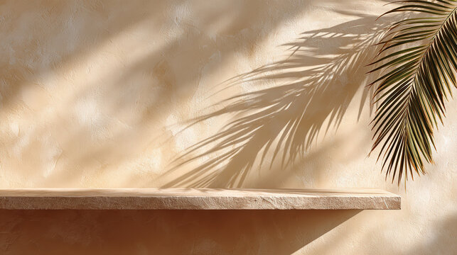 Shadow Wall Background, Cream Plaster Palm Leaf Sunlight Product Backdrop
