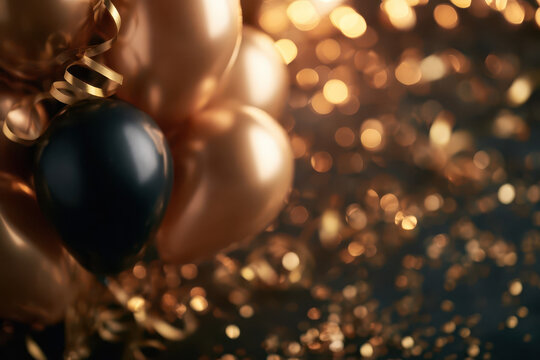 Festive Gold Balloons and Confetti, Dark Background, Celebratory Mood, Sparkling Ambiance