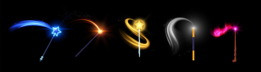 Naklejka premium Magic wands with glow vector set, miracle stick with sparkle ray lights, wizard weapon rod fantasy game asset stuff