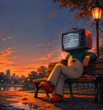 A person with a television head sits on a park bench.