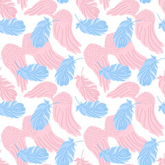 Obraz premium Seamless background with blue feather and pink wings. Soft dreamy angelic mood. Vector illustration for fantasy wallpaper, stationery, fabric print, gift wrap, notebook cover, or ethereal blog design