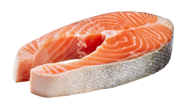 Fresh raw salmon steak with visible skin and flesh texture, isolated on transparent background