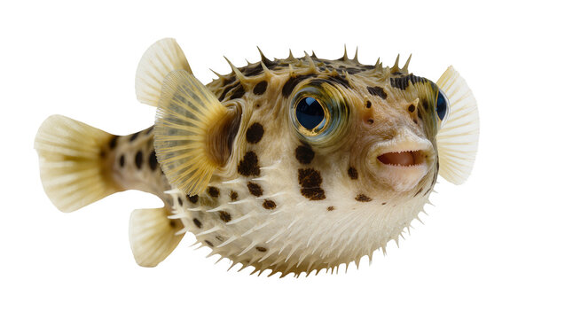 Spiky pufferfish with dark spots fins and blue eyes, isolated on transparent background