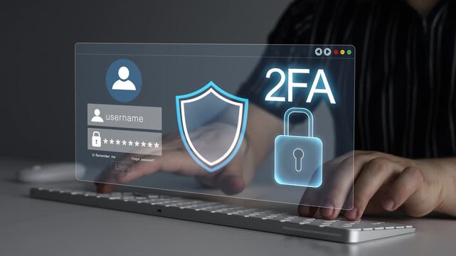 Secure 2FA authentication concept with verification, password protection and cybersecurity technology. Safe digital login access for online accounts, privacy and data security.	