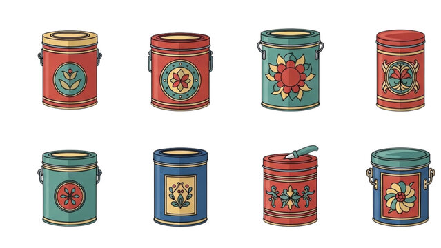 Traditional Tin Containers Vector Icon Sheet Set: Vintage Modern Salve Round Large Rectangular Tea Spice Hinged Paper Seal Metal Icons Isolated
