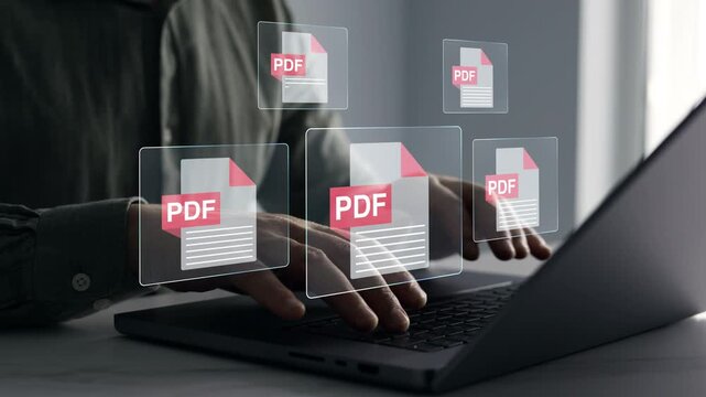 PDF document concept with digital file management, secure data storage, online sharing, business records, electronic paperwork, cloud access and modern office workflow technology.