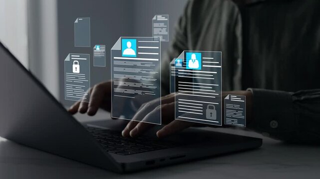 Documents confidentiality,cyber security protection concept. Software for security, searching and managing corporate document and employee information.Protecting herself from cyber attacks.	
