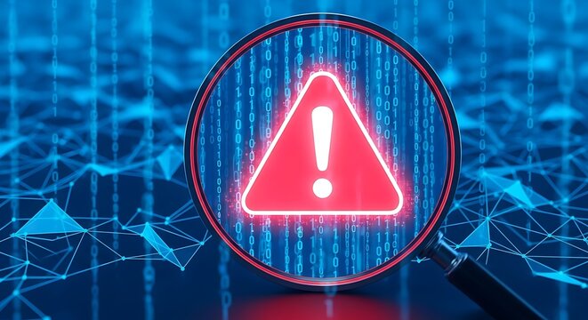 Magnifying glass focused on a glowing red warning triangle symbol against a background, of blue digital, binary code and, network connections