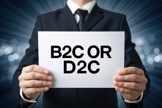 Corporate man holding b2c or d2c business sales models text