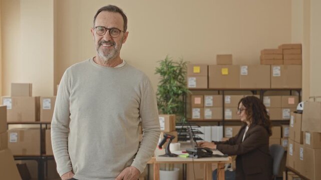 Middle-aged man smiling with hands in pockets beside stacked parcels, barcode scanner and laptop in a small business building; confidence growth.