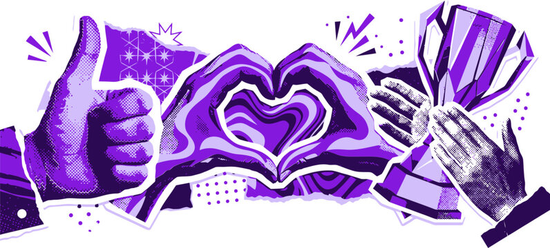 Purple halftone collage of hand gestures, thumbs up and heart hands with trophy, retro pop art success and appreciation vector illustration