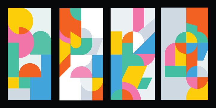 Vertical banner set featuring retro inspired abstract shapes and bold color palette. Geometric architectural layouts.
