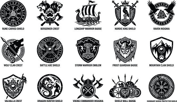 Viking silhouette logos and shields norse nordic warrior emblems and badges silhouette
