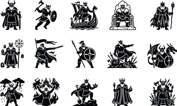 Viking warrior icons set norse mythology battles and leadership silhouettes