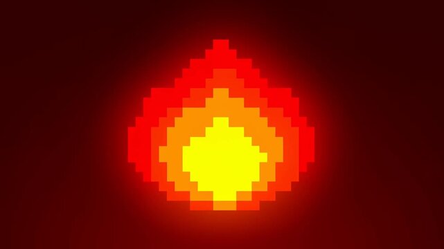 Static shot of pixelated flame sprite pulsing and glowing in center of dark vignette background for retro arcade style animated loop