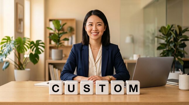 Businesswoman sits at a desk behind custom letter blocks in a modern office with plants and blurred face.