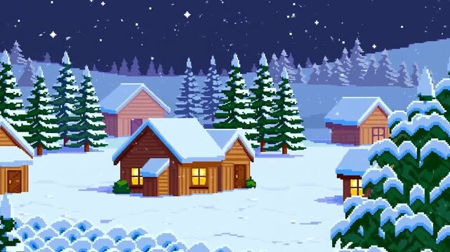 Slow panning shot of pixel art snowy cabins with falling snow across forested winter village at night with gentle tracking movement revealing lit windows