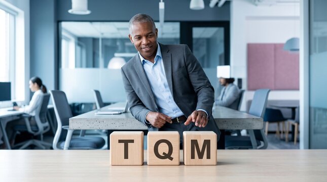 TQM blocks are arranged on a desk while a manager leans forward in a bright open office.