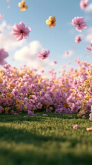 Fototapeta premium Spring Garden Bliss: Vibrant Flowers, Green Lawn, and Blue Sky with Floating Petals for Seasonal Designs.