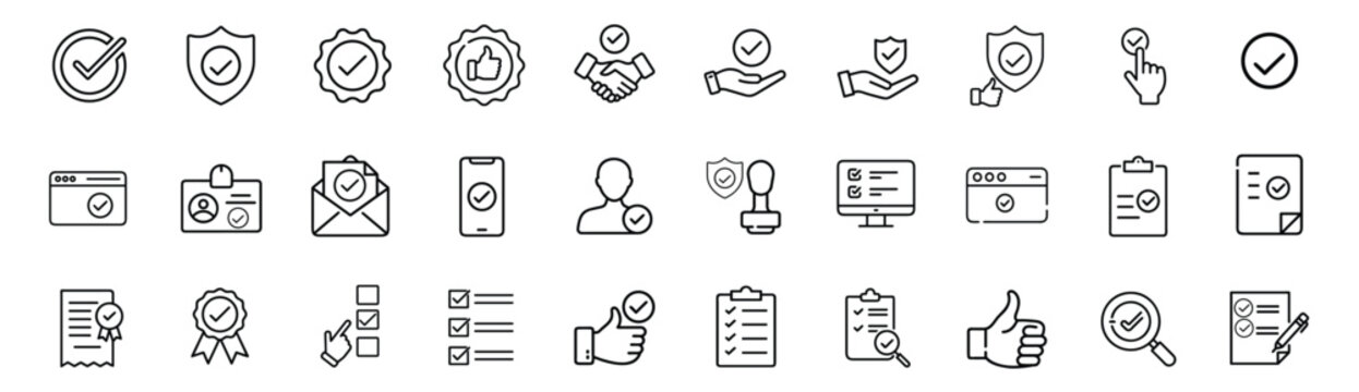 Checkmark Approval outline icons set certified stamp guarantee badge shield compliance verified business certificate quality review & more vector illustration with editable stroke.