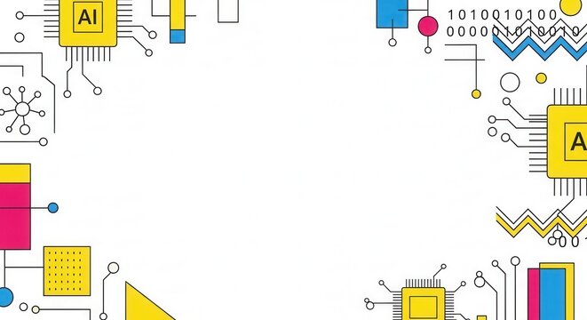 Abstract technological border with AI chips and binary code on white background.