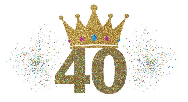 Sparkly gold number 40 with a crown and colorful confetti isolated on transparent background